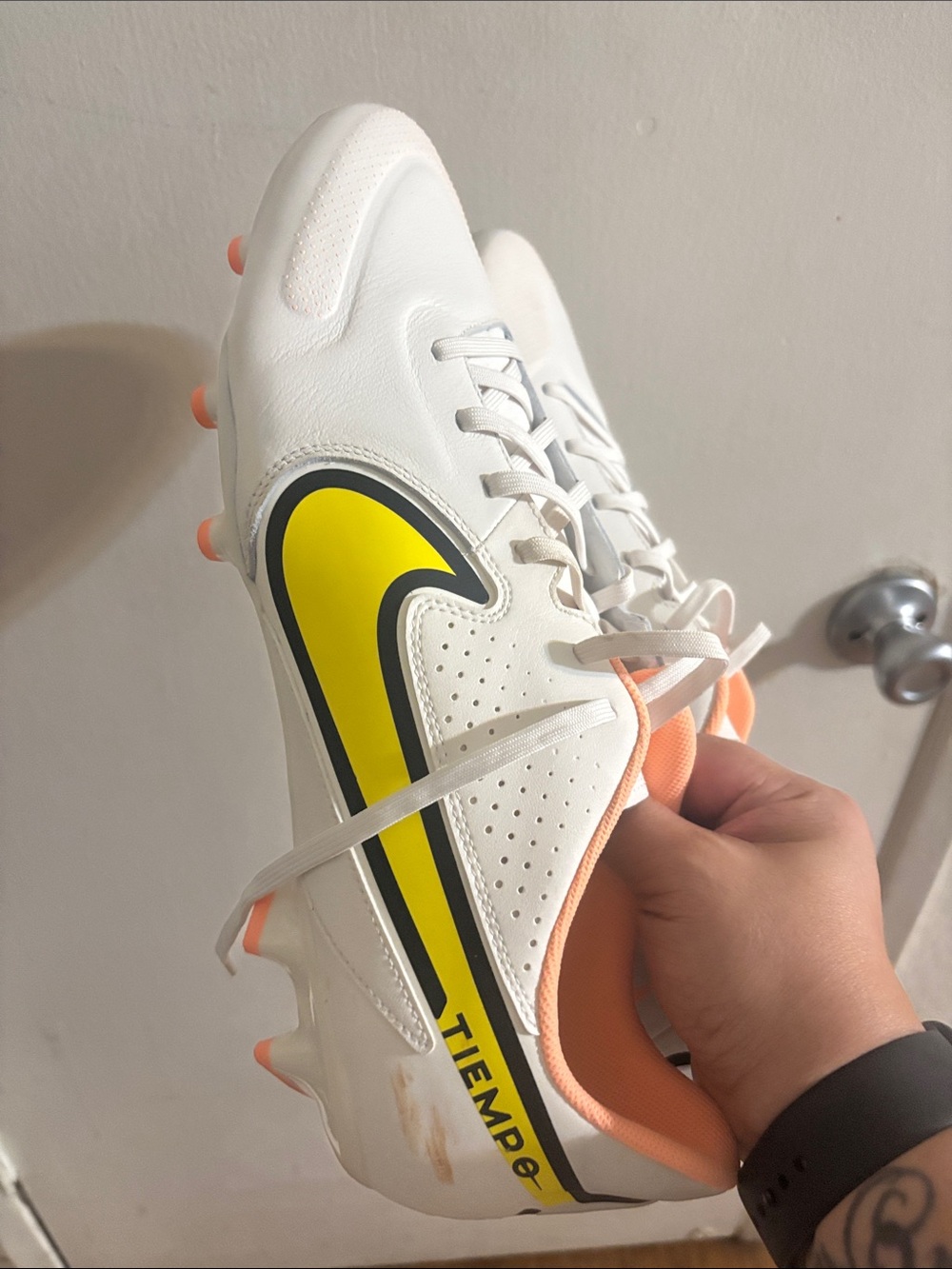 Nike Tiempo Soccer Cleats - White with Yellow and Peach Accents